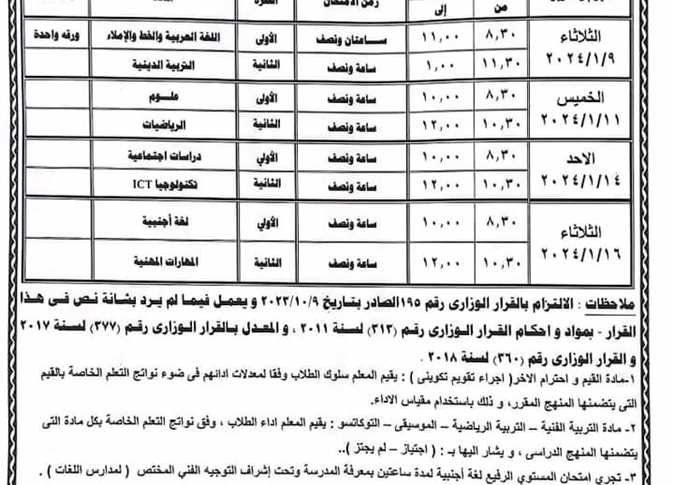 جدول مواعيد اختبارات النقل للفصل الدراسي الأول 